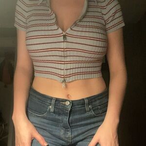 Medium Forever 21 Women’s Blue & Red Striped Zip Top Polo